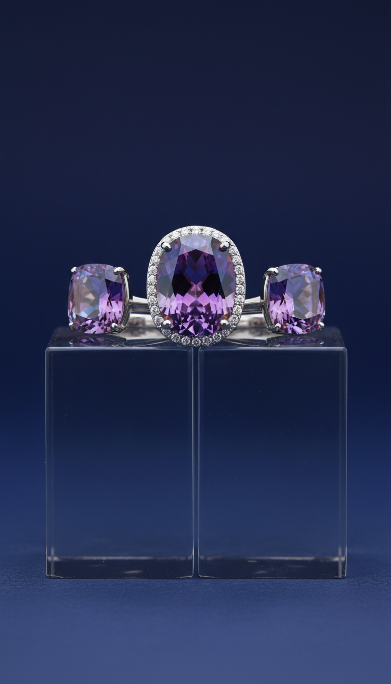 Iridescent violet statement ring trio
